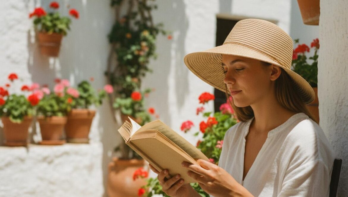 Jeune lectrice sous un chapeau dans une cour blanchie à la chaux, entourée de géraniums au soleil du matin