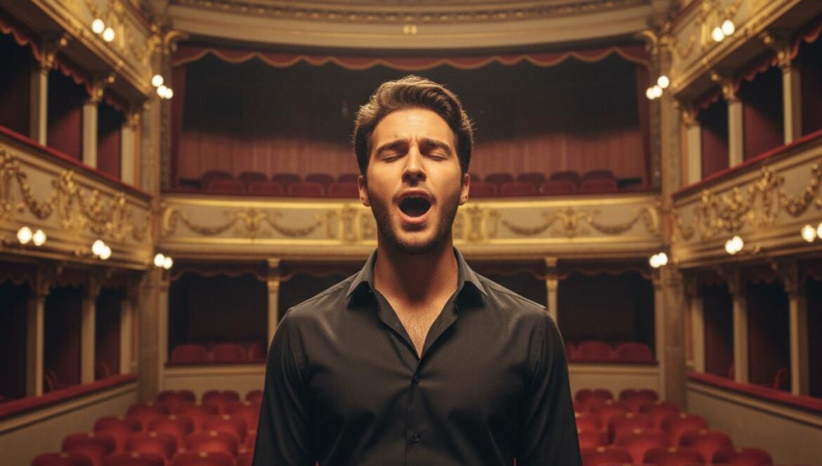 Ténor en répétition, lumière dorée, sièges rouges et balcons ornés dans un théâtre andalou intime.