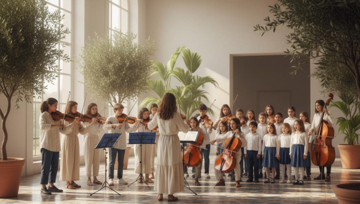 Jeunes musiciens et chœur d’enfants répètent dans une salle moderne baignée de lumière, ambiance andalouse.