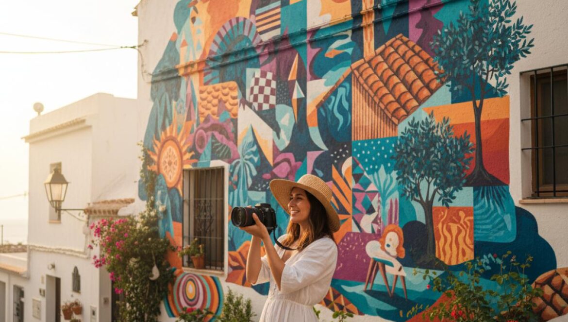 Voyageuse photographiant une fresque colorée sur une façade d’immeuble, lumière dorée, ruelle blanche méditerranéenne
