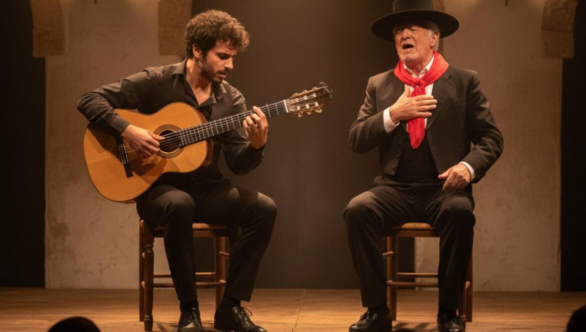 Un jeune guitariste flamenco et un chanteur plus âgé sur scène, éclairés par une lumière chaude dans un théâtre andalou intimiste.