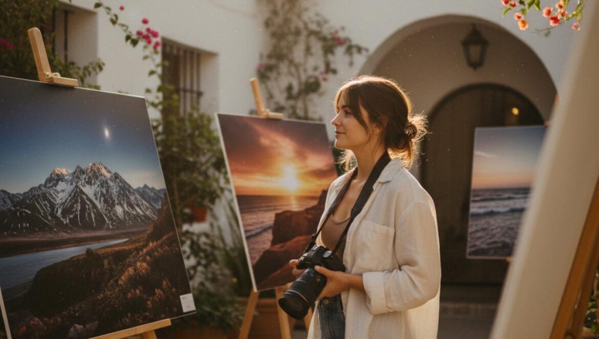 Voyageuse observant une exposition de photos de paysages andalous dans une cour blanche ensoleillée, appareil photo en main.