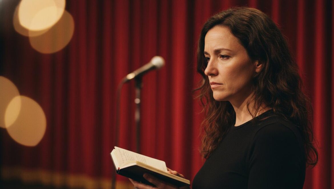 Mujer frente a un escenario de flamenco, observando el programa con luz cálida de teatro