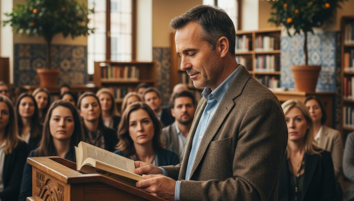 Un poète lit dans une bibliothèque conviviale, public attentif, lumière chaude et ambiance andalouse.