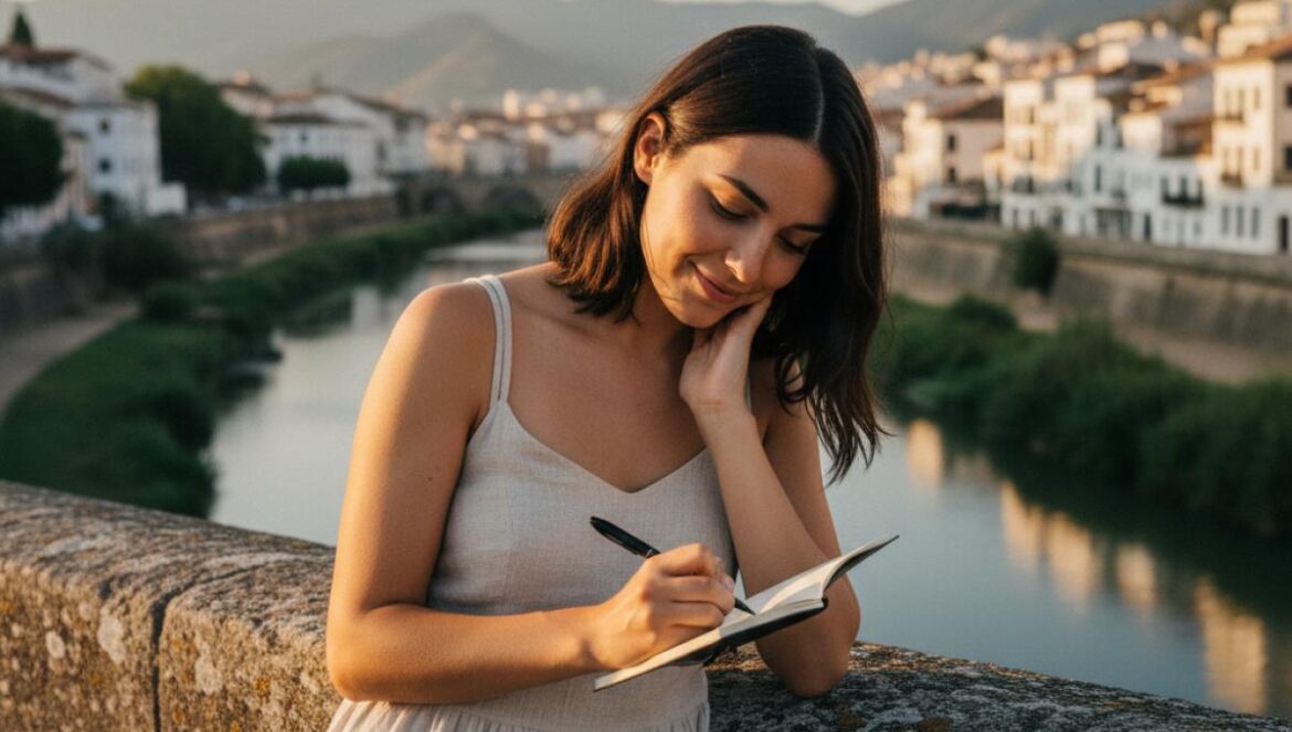 Jeune voyageuse prenant des notes au soleil couchant, appuyée sur un pont de pierre surplombant une rivière andalouse.