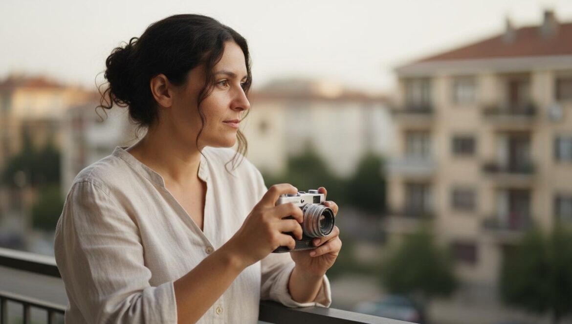 Mujer en un balcón sencillo, sosteniendo una cámara y mirando su barrio con calma al atardecer.