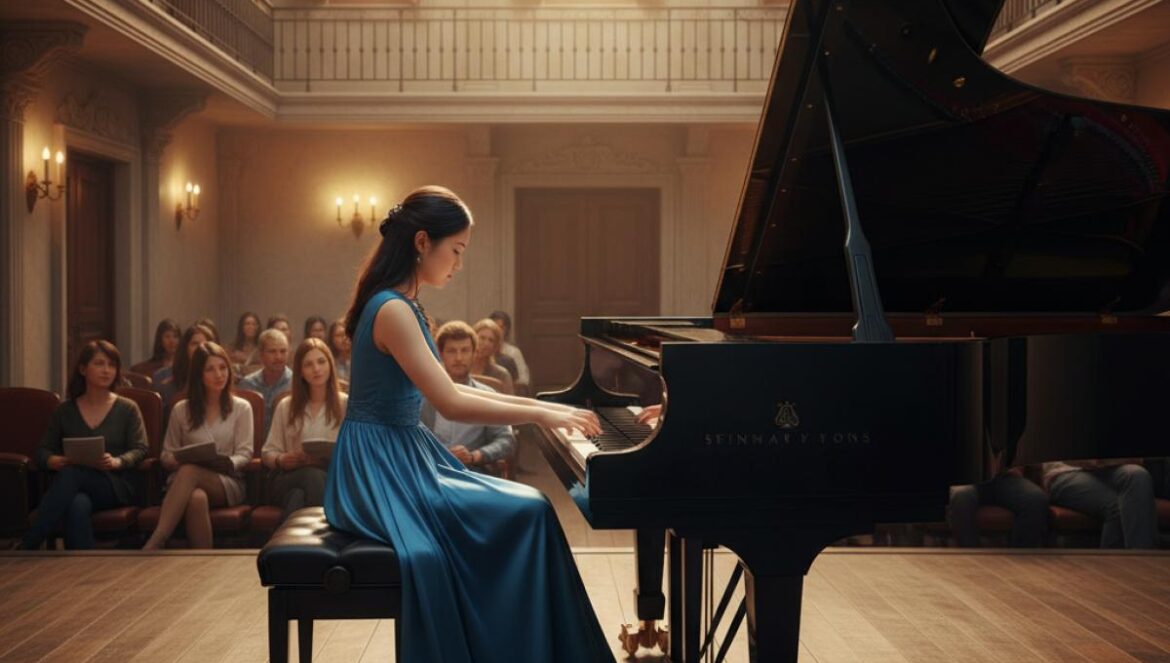 Jeune pianiste en récital dans une petite salle andalouse, éclairée par une lumière chaleureuse.
