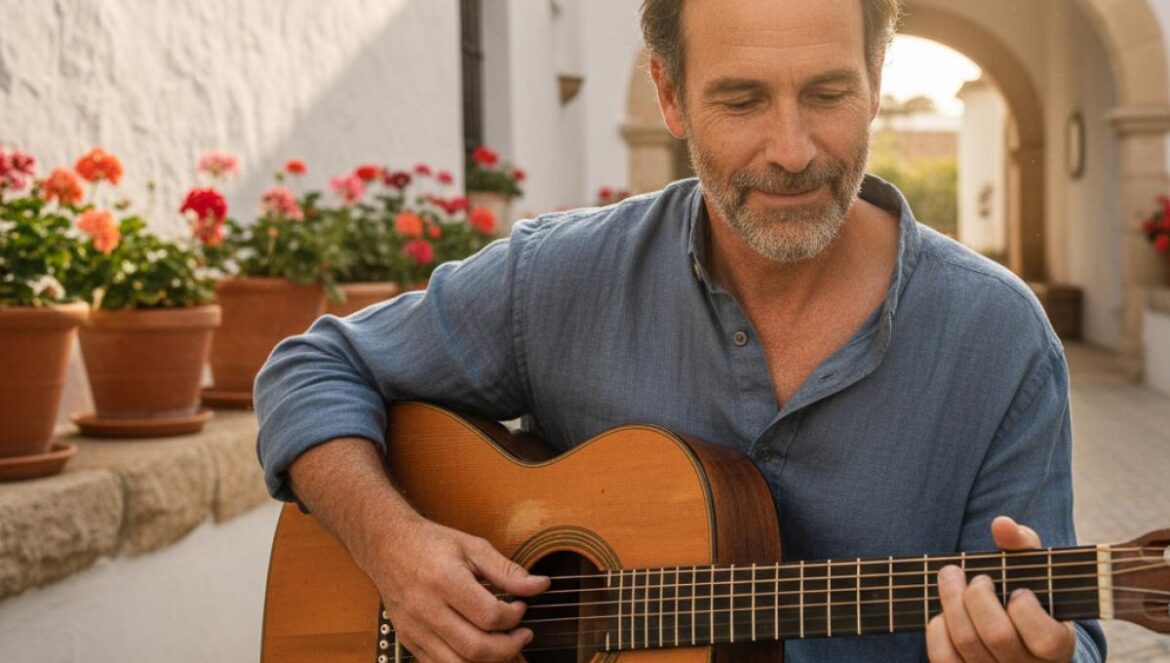 Guitariste flamenco dans une cour blanchie à la chaux, geraniums en pots et azulejos au soleil doré.
