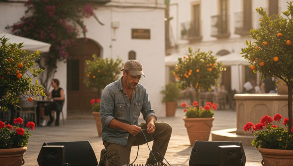 Technicien réglant une scène en plein air dans une cour blanchie à la chaux, lumière dorée et orangers