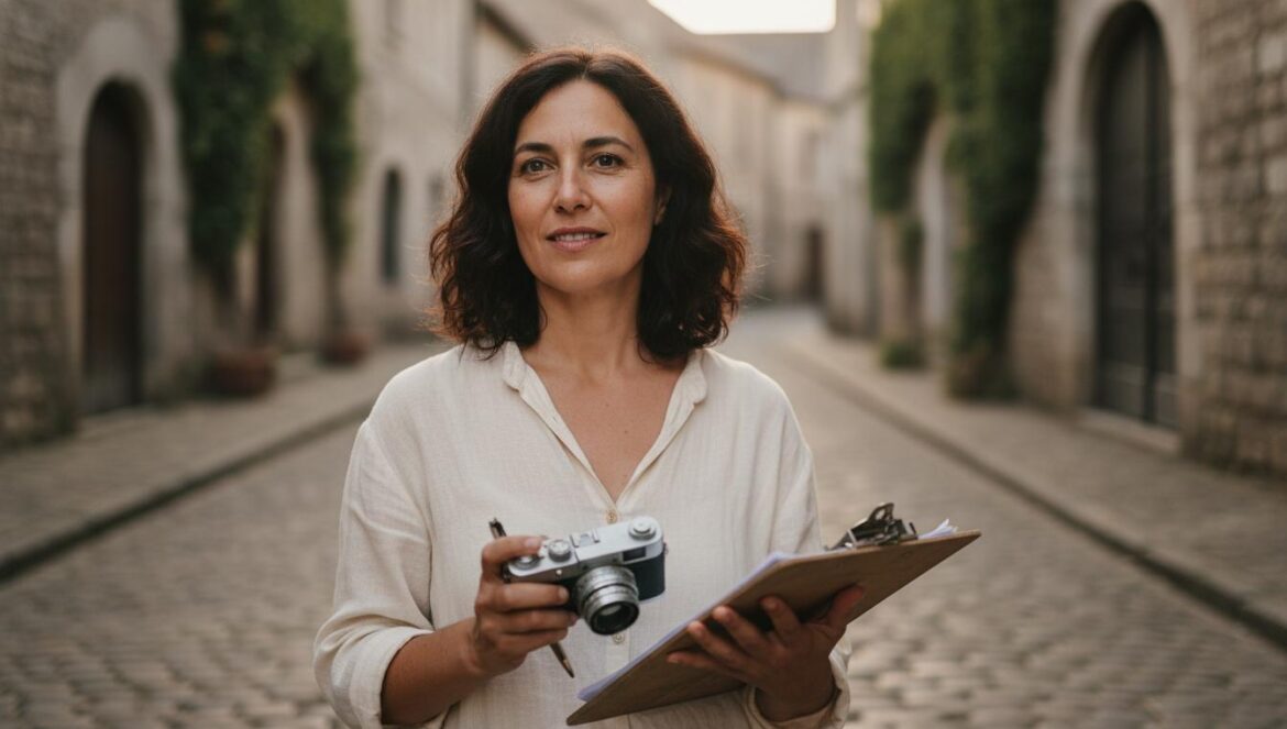 Mujer con cuaderno y cámara en una calle histórica de piedra, preparando un posible rodaje en una ciudad andaluza.