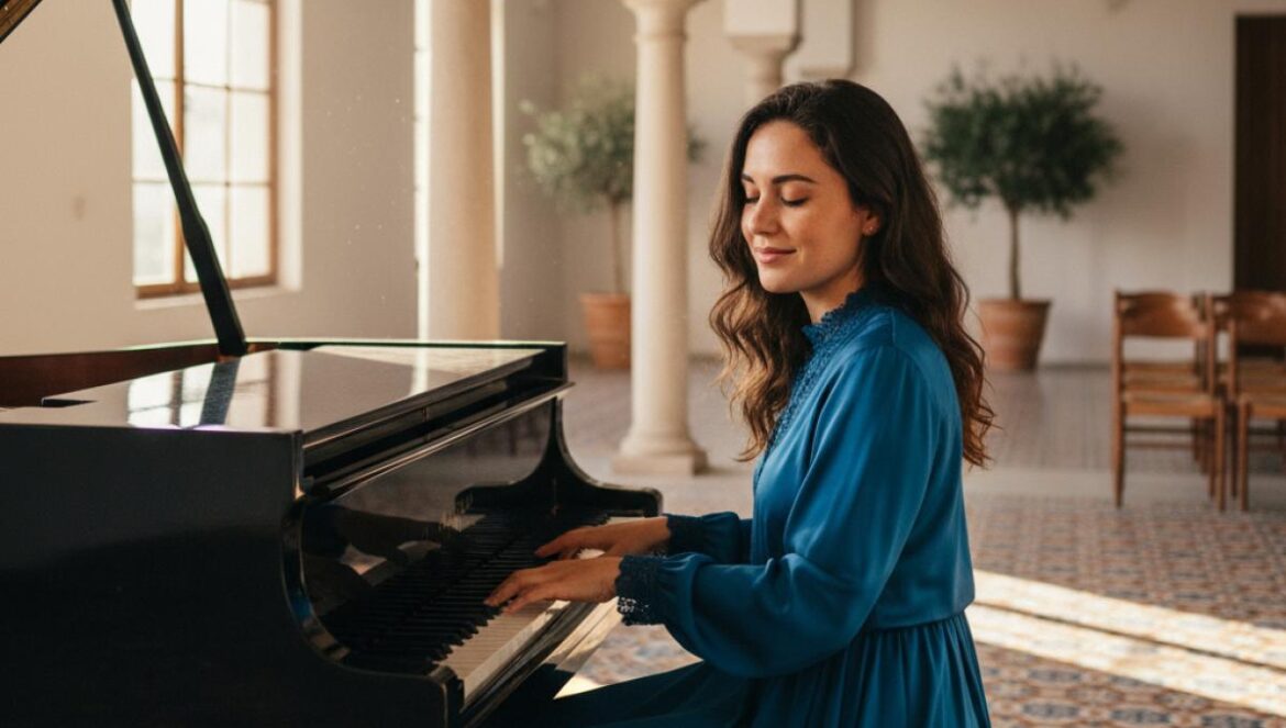 Jeune pianiste sur scène dans une salle andalouse aux arches blanchies et azulejos, lumière dorée