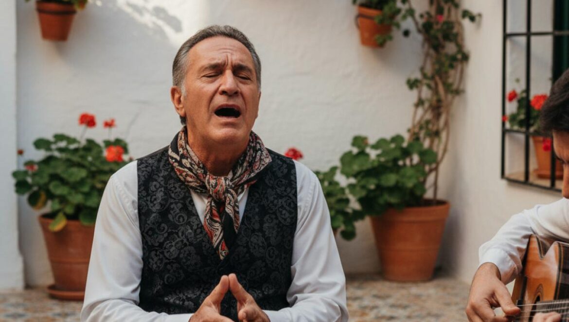 Un cantaor mûr chante dans un patio andalou aux murs blanchis et pots fleuris, guitare à côté.