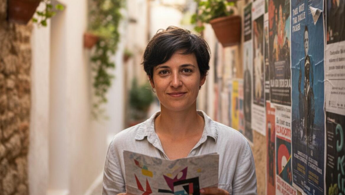 Jeune spectatrice feuilletant un programme devant un mur d’affiches, ruelle andalouse blanchie à la chaux, lumière dorée.