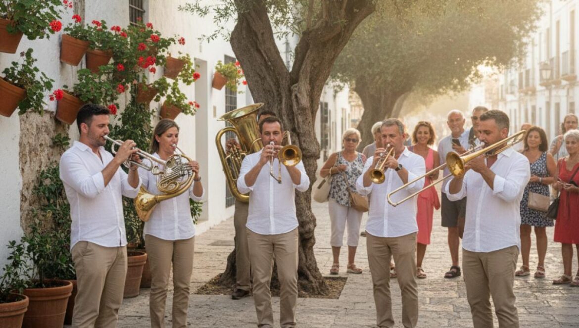 Petit ensemble de cuivres jouant sur une promenade ombragée bordée d’orangers, passants à l’écoute