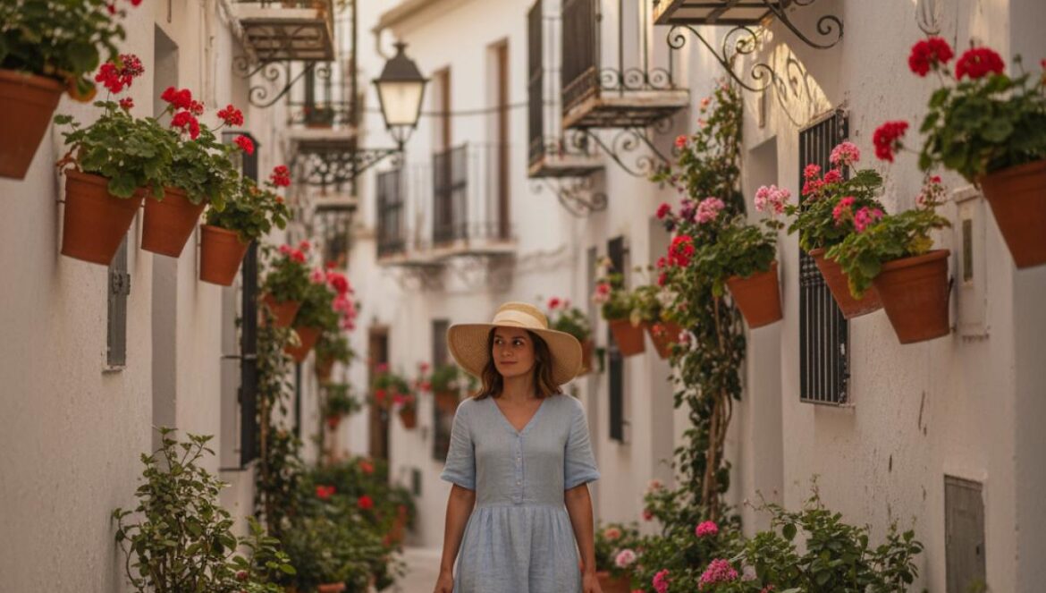 Jeune voyageuse dans une ruelle blanchie à la chaux, encadrée de balcons fleuris et azulejos, lumière dorée.