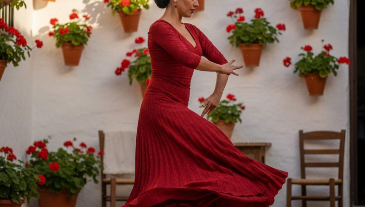 Danseuse flamenca répétant dans un patio andalou aux murs blanchis et pots fleuris, lumière dorée