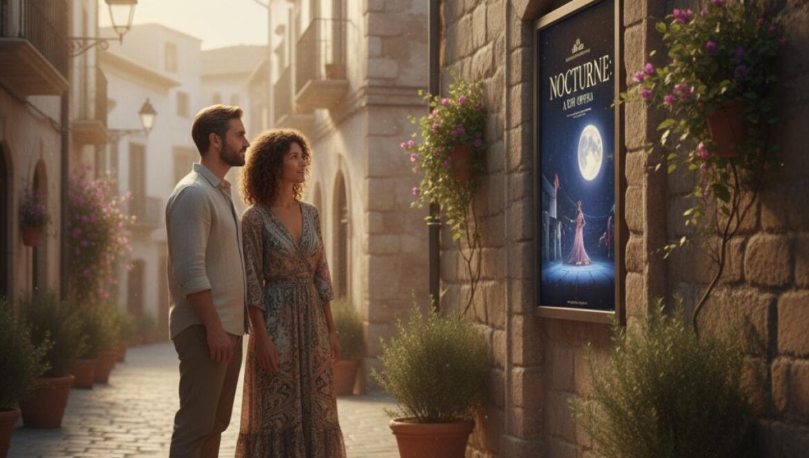 Passants lisant une affiche numérique sur une façade de théâtre, ruelle pavée au crépuscule.