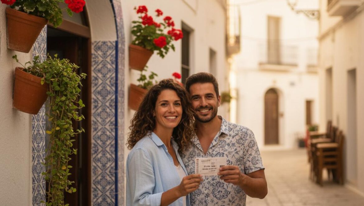 Deux amis avec des billets devant un petit théâtre de quartier, murs blanchis et pots fleuris au crépuscule.