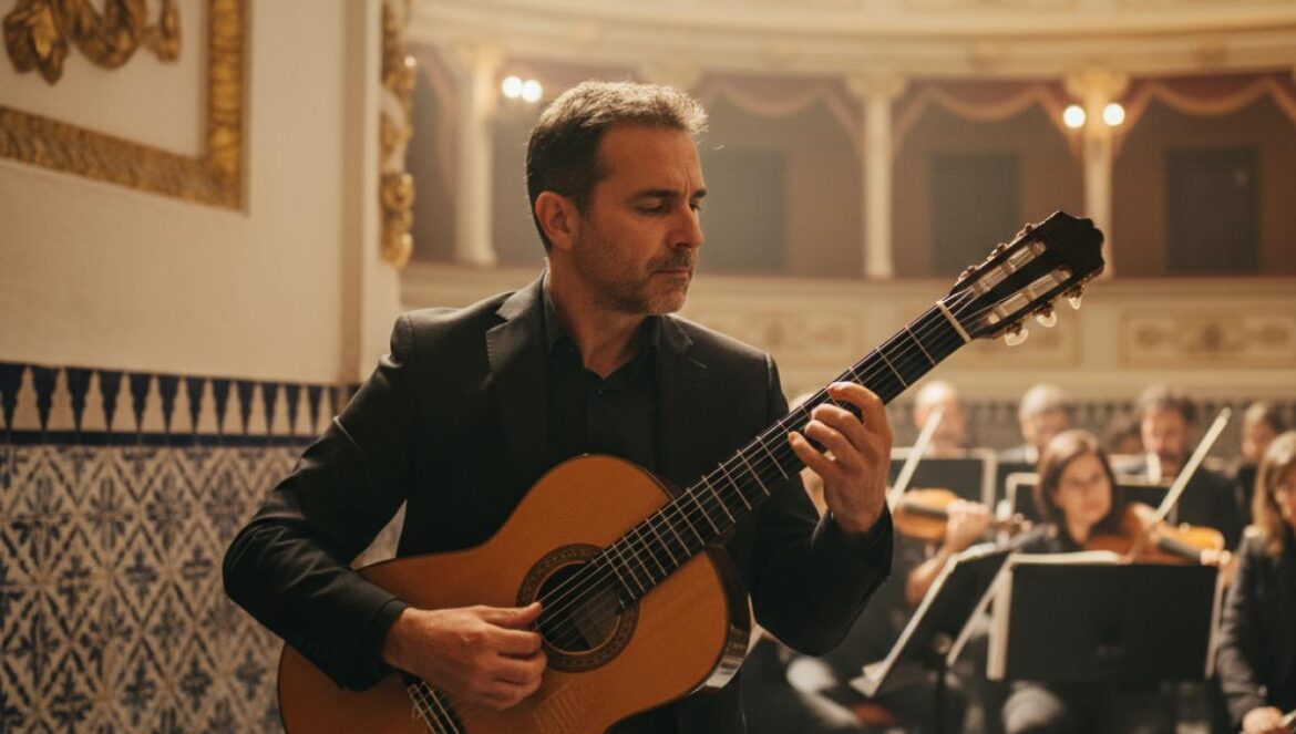 Guitariste flamenco jouant devant un orchestre dans un théâtre baigné d’une lumière dorée.