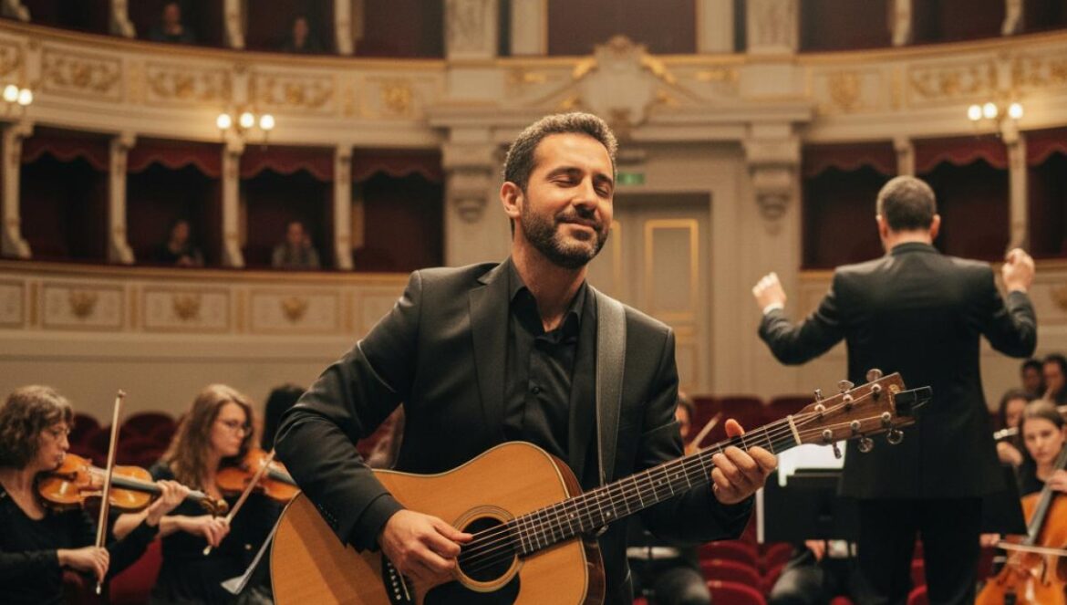 Guitariste flamenco jouant face à un orchestre dans un théâtre à l’italienne, lumière dorée.