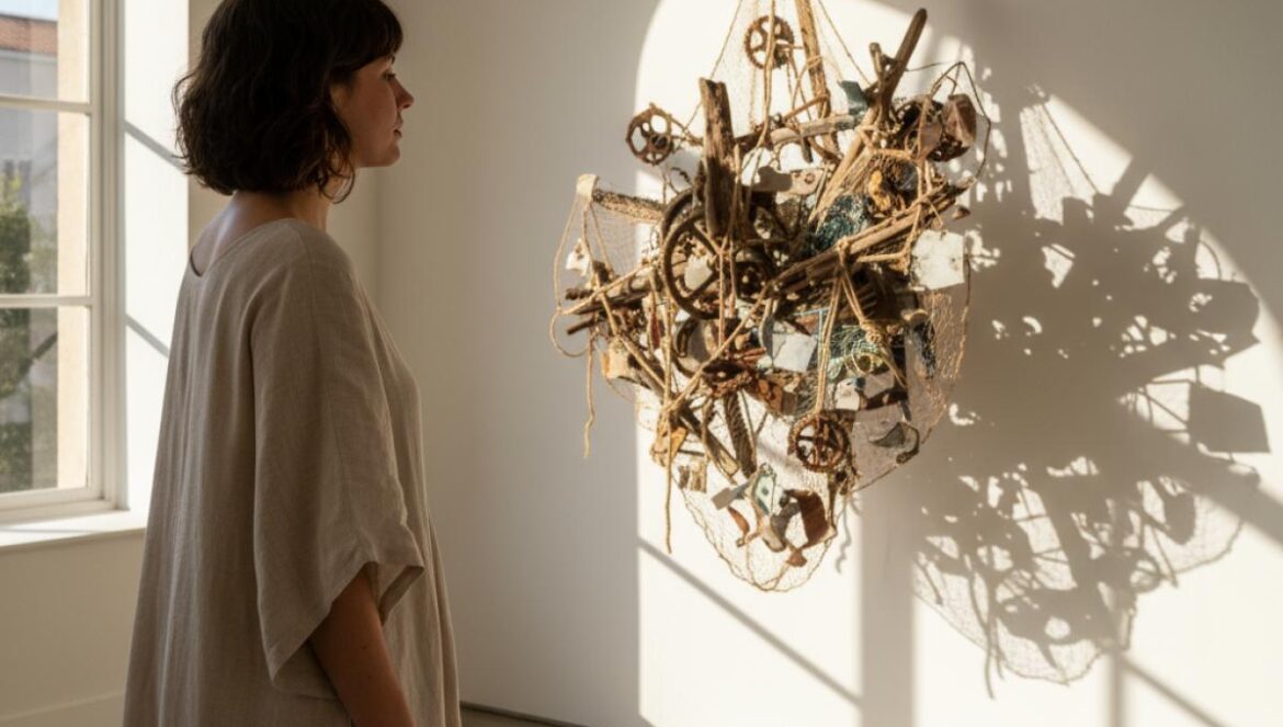 Jeune visiteuse devant une installation contemporaine dans une petite galerie aux murs blanchis à la chaux