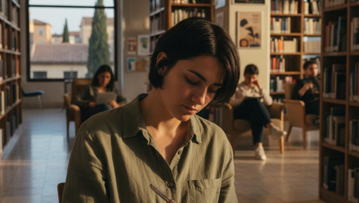 Public attentif dans une bibliothèque andalouse, une jeune femme prend des notes au cœur d’une rencontre littéraire.