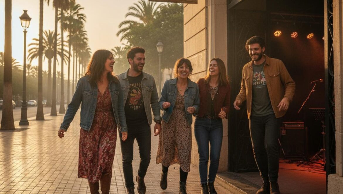 Jeunes spectateurs entrant dans une petite salle de concert au crépuscule, palmiers et lumière dorée