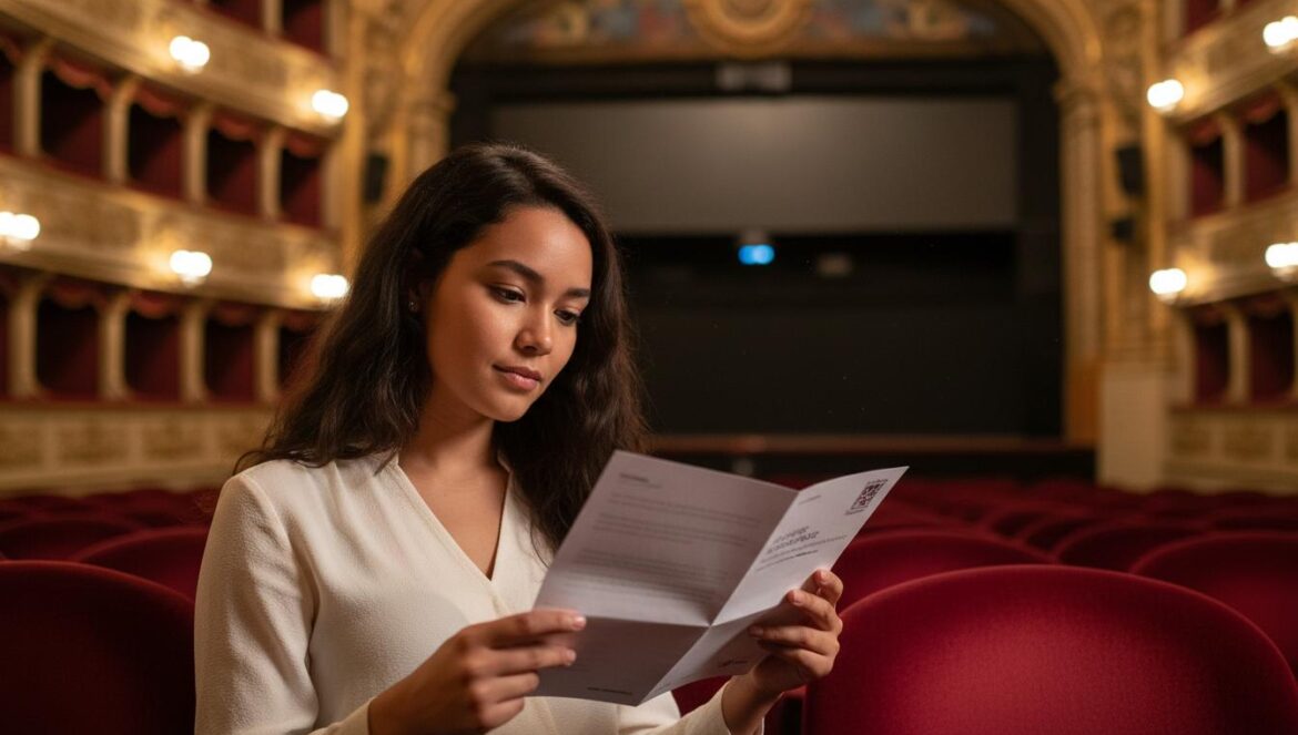 Mujer joven hojea un programa cultural sentada en una butaca de un teatro cordobés.