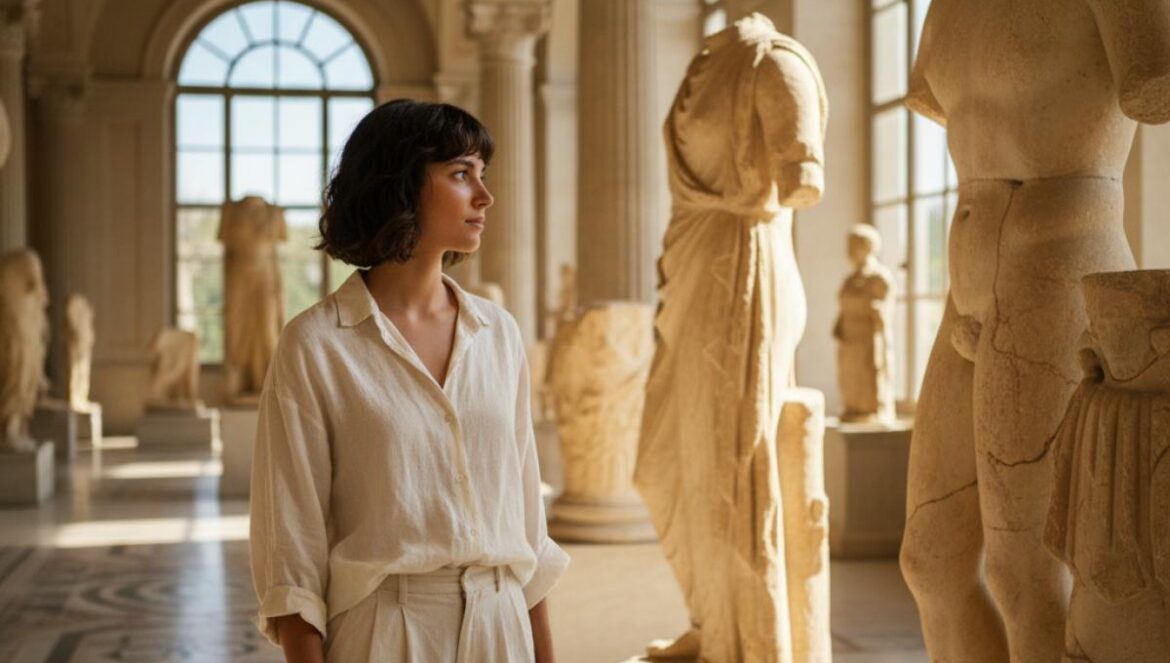 Jeune voyageuse observant des statues et colonnes antiques dans une galerie d’exposition lumineuse au style méditerranéen.
