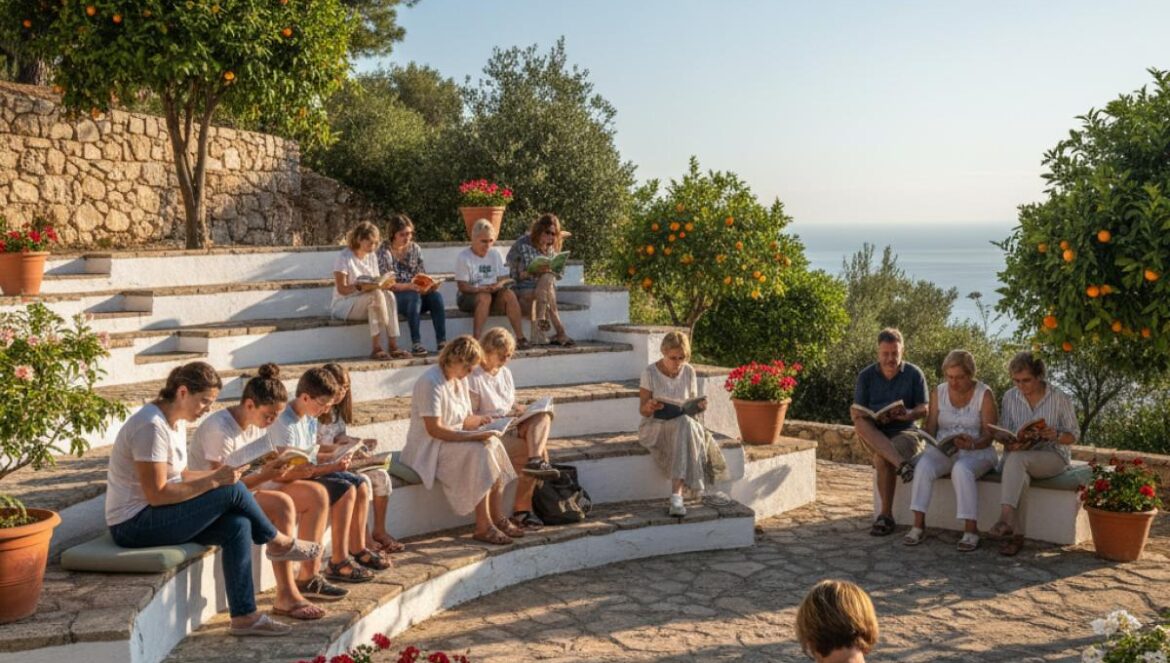 Groupe de lecteurs assis dans un amphithéâtre de parc, livres en main, sous des orangers ensoleillés.