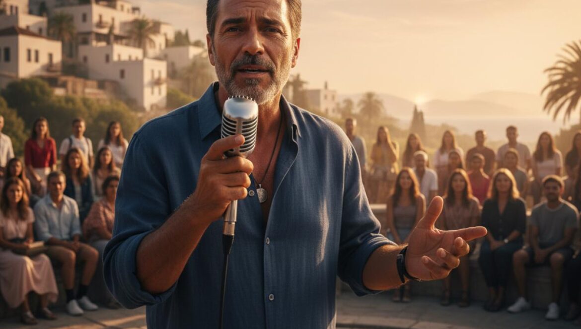 Chanteur sur une scène en plein air au crépuscule, public assis sur des gradins en pierre, ambiance andalouse chaleureuse.