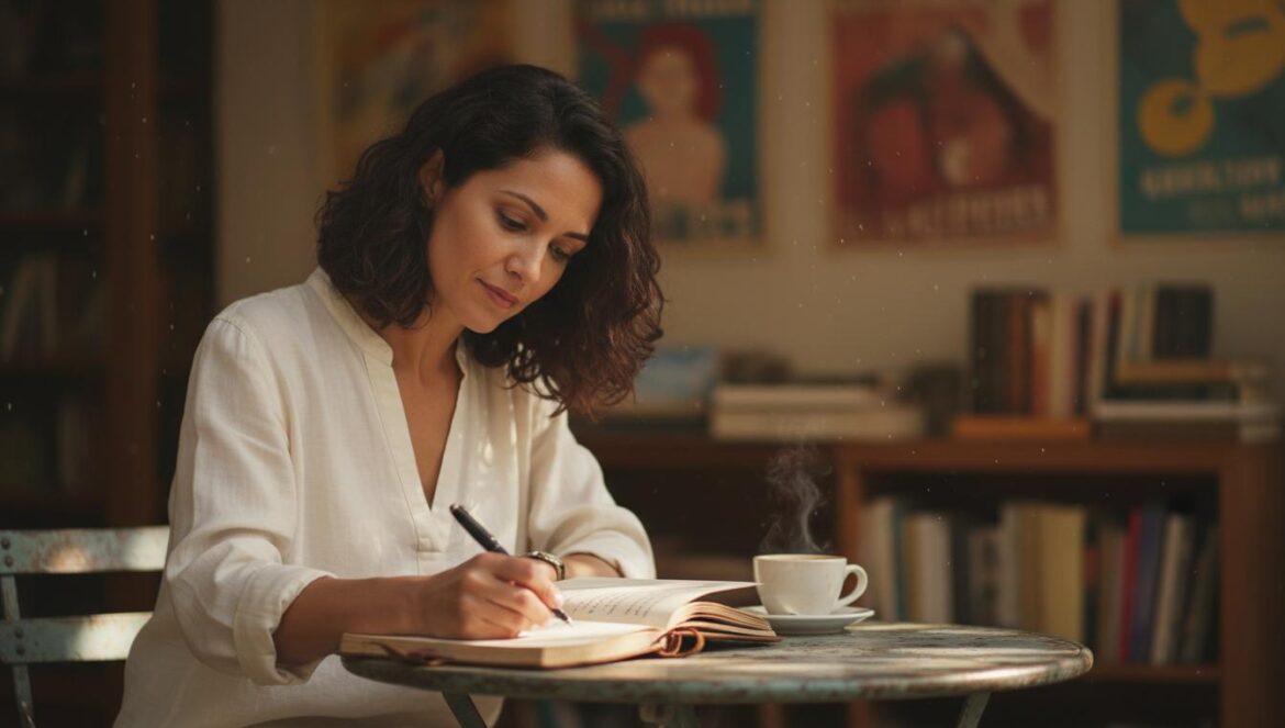 Mujer joven escribe en una libreta en la terraza de un café, con libros y carteles de poesía al fondo.