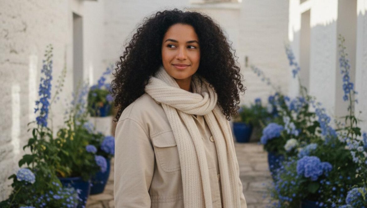 Jeune femme profitant de l'ambiance paisible d'un patio andalou traditionnel aux murs blancs.