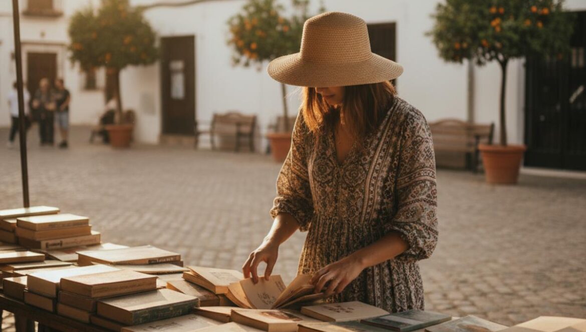 Jeune lectrice feuilletant un livre à un stand en plein air, sous des orangers et des murs blanchis à la chaux