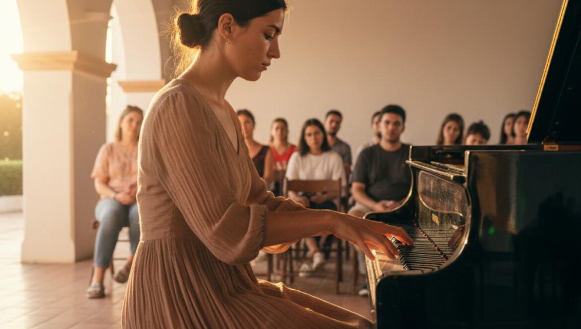 Une pianiste joue au crépuscule dans une salle andalouse aux murs blanchis, lumière dorée et sols en terre cuite.