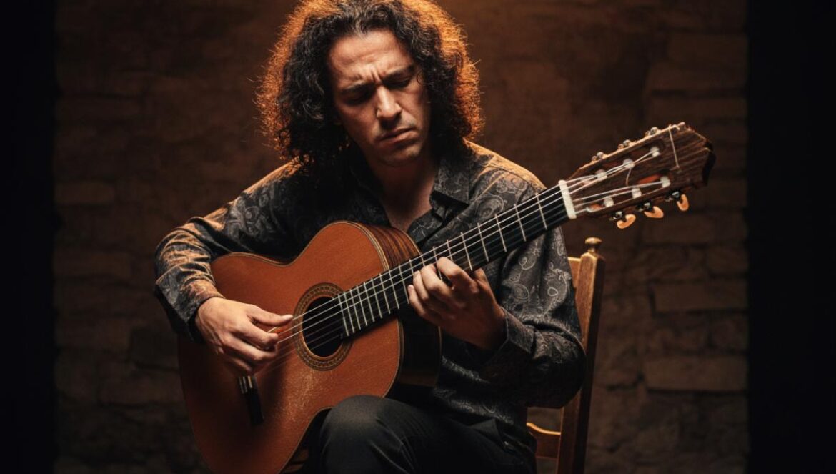 Guitarrista flamenco tocando con pasión en un escenario con iluminación dramática y cálida.