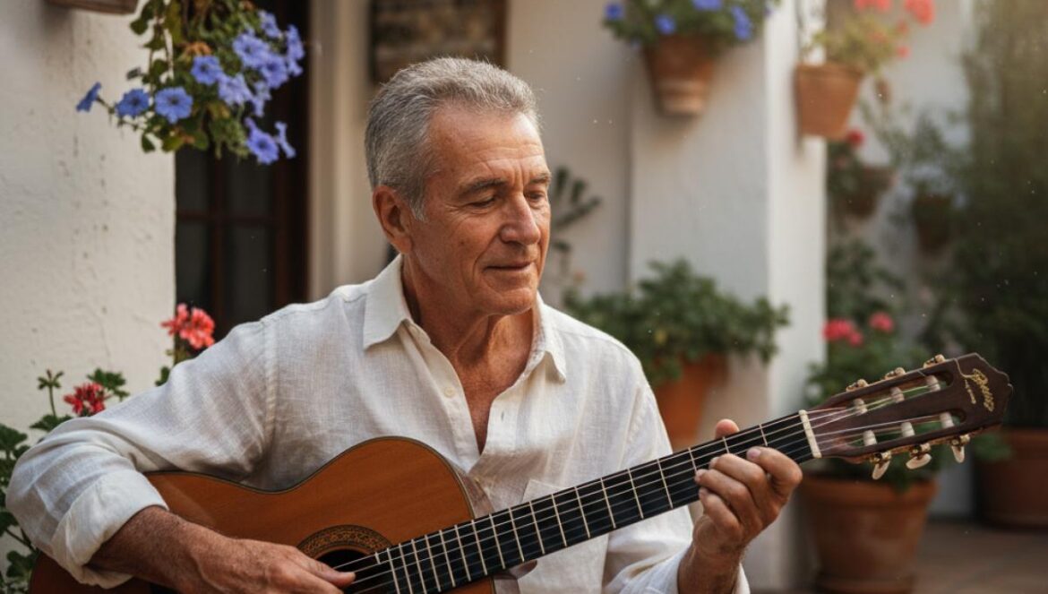 Un guitariste âgé joue dans une cour andalouse blanchie à la chaux, bordée de pots bleus et baignée de lumière dorée.