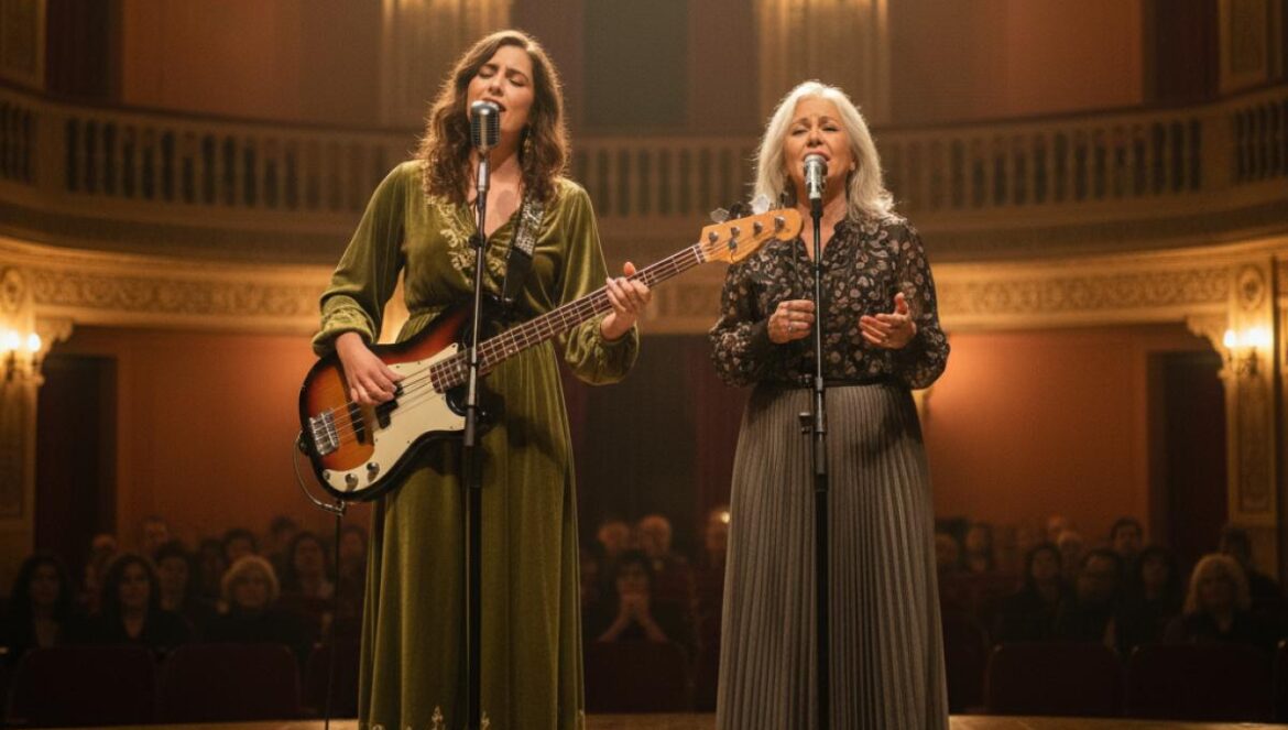 Deux cantaoras flamencas sur scène, l’une avec une basse électrique, dans un théâtre andalou intimiste.