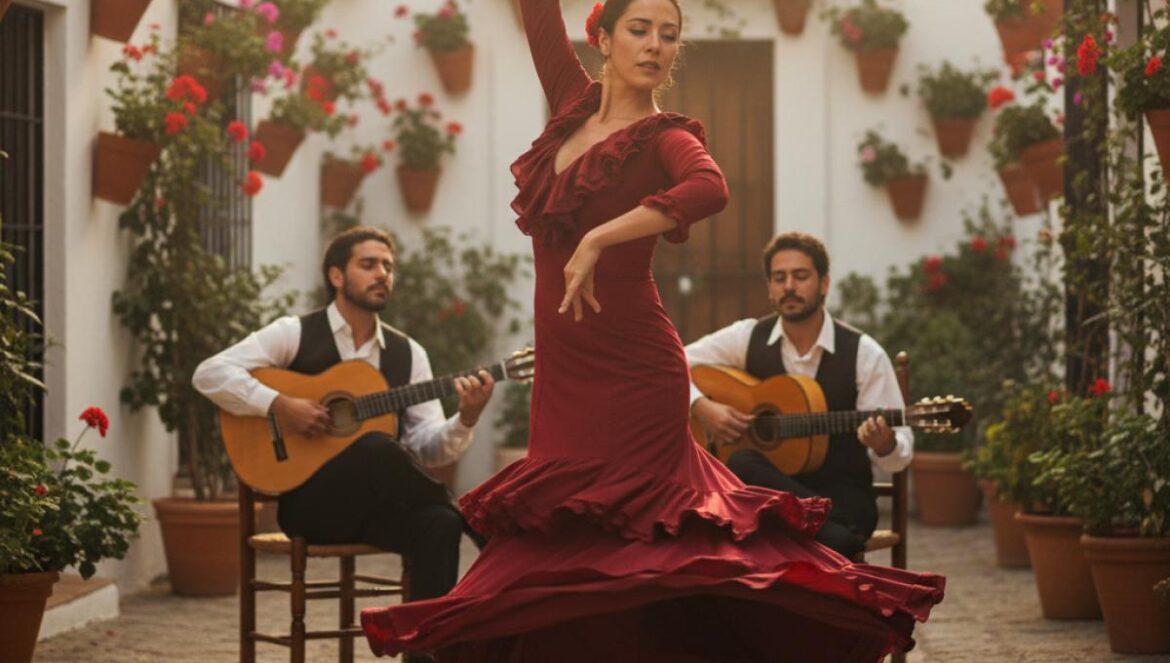 Danseuse de flamenco en robe rouge au centre d’une petite place andalouse, entourée de guitaristes et de maisons blanchies à la chaux au coucher du soleil.