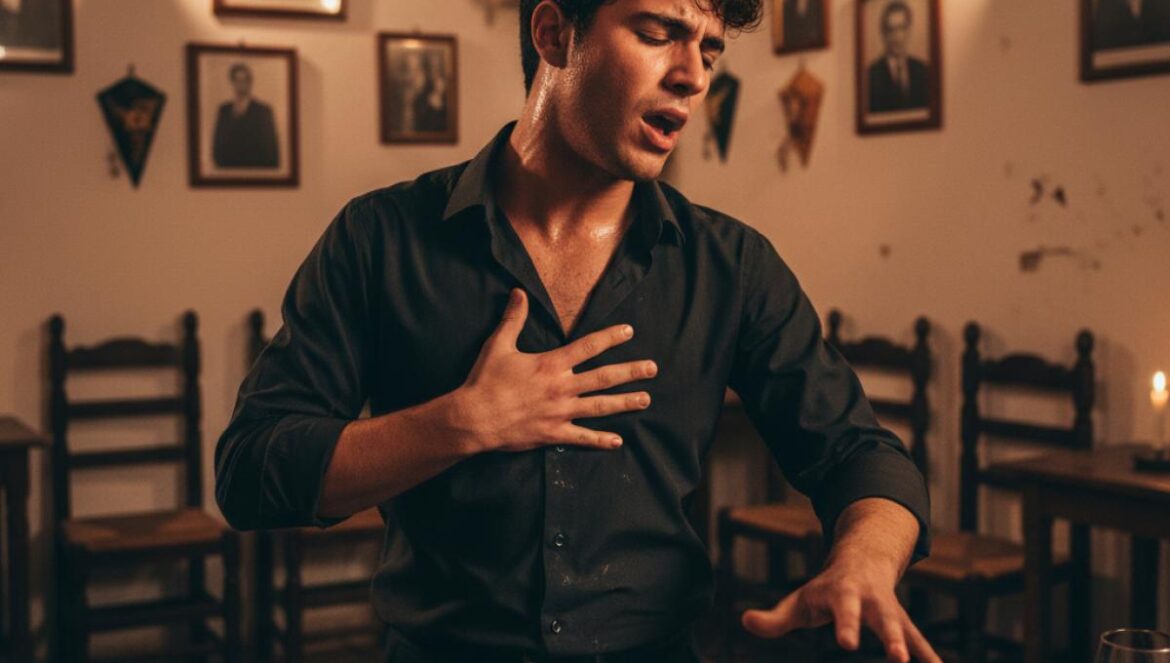 Jeune cantaor flamenco chantant avec intensité dans une petite taverne andalouse aux murs blanchis à la chaux.