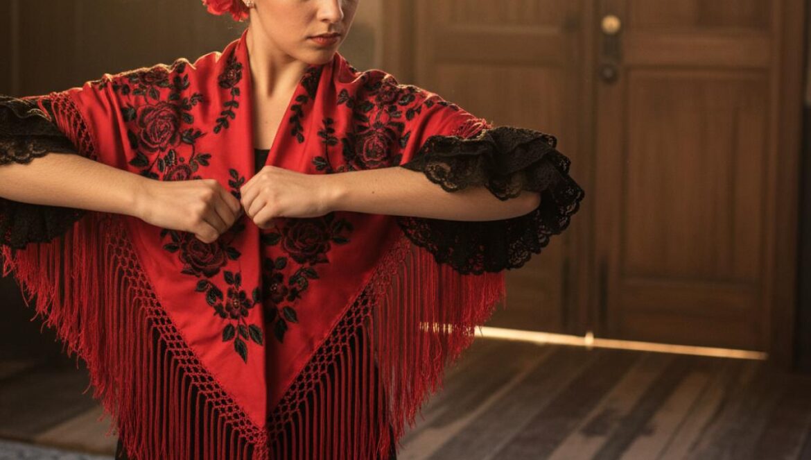 Danseuse de flamenco en coulisses, ajustant son châle sous une lumière dorée, carrelage andalou