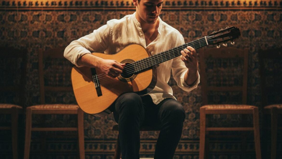 Jeune guitariste accorde sa guitare dans un petit théâtre andalou, lumière dorée et azulejos en arrière-plan.
