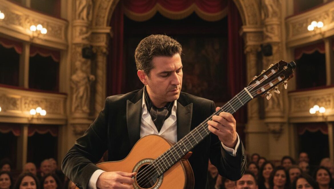 Guitariste sur scène devant un orchestre, lumière dorée dans un théâtre andalou, public captivé.
