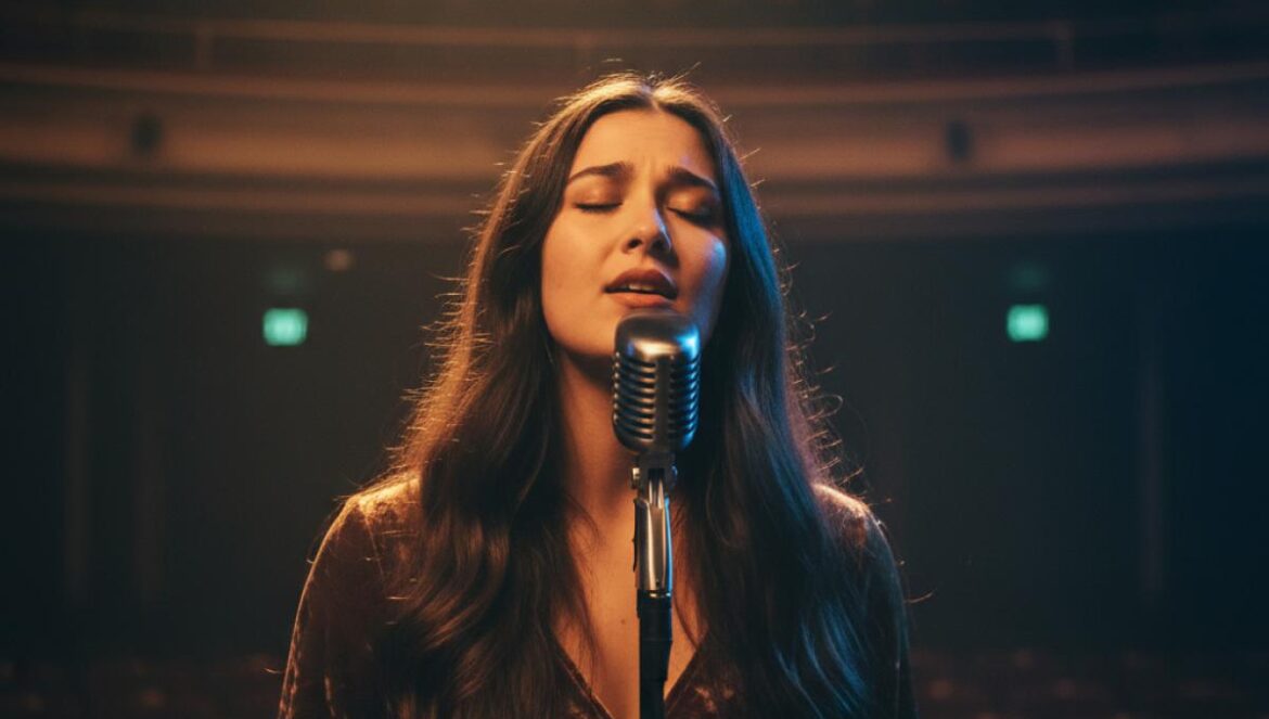 Mujer cantando con emoción en un escenario oscuro con iluminación dramática.