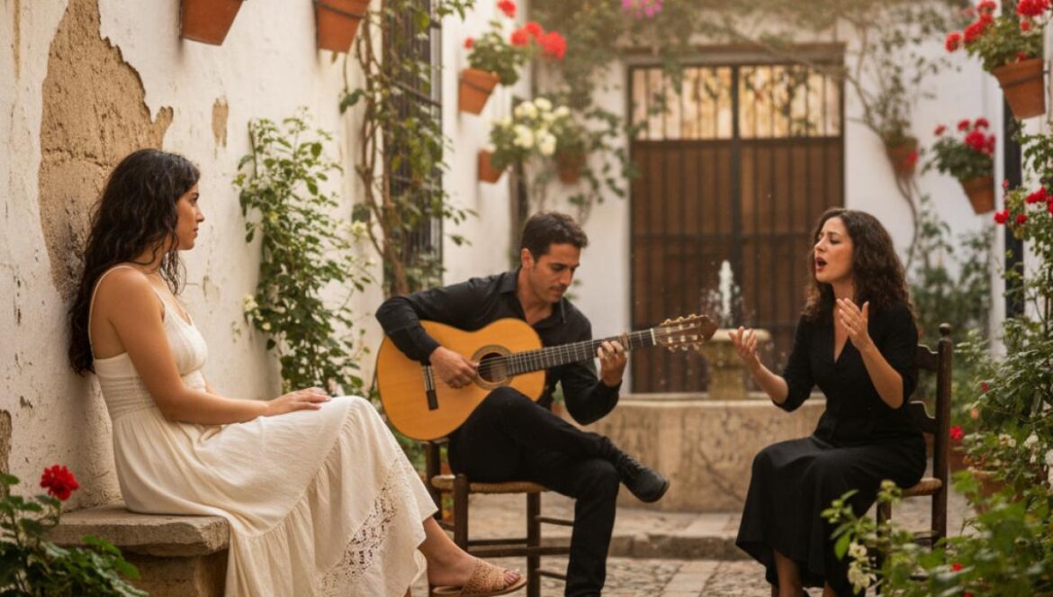 Jeune voyageuse assise dans un patio andalou, écoutant un guitariste et un chanteur de flamenco sous des murs blanchis à la chaux.