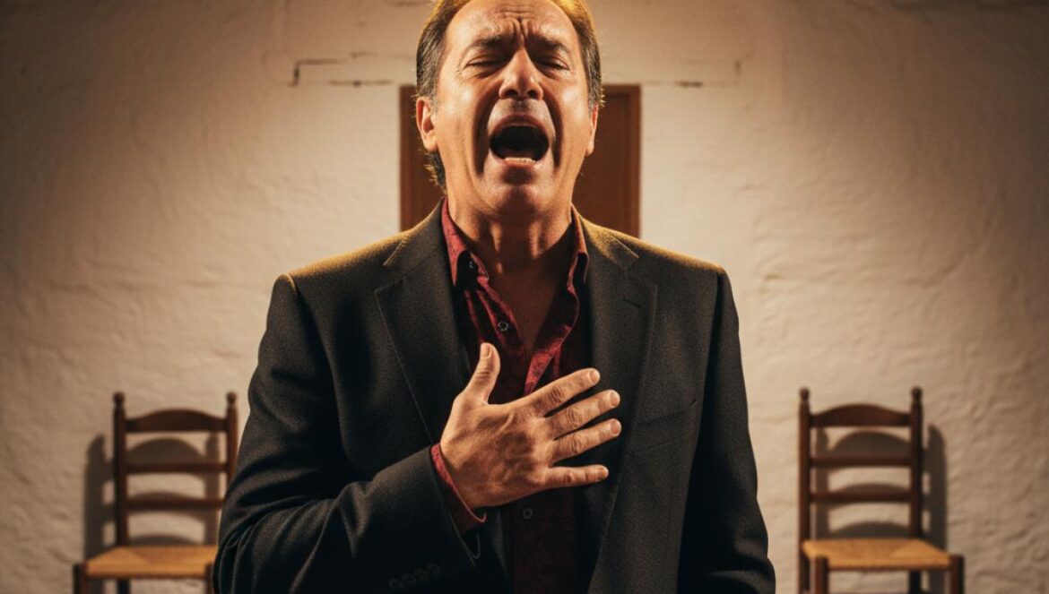 Chanteur de flamenco sur une petite scène, éclairé par une lumière dorée, devant des chaises en bois.
