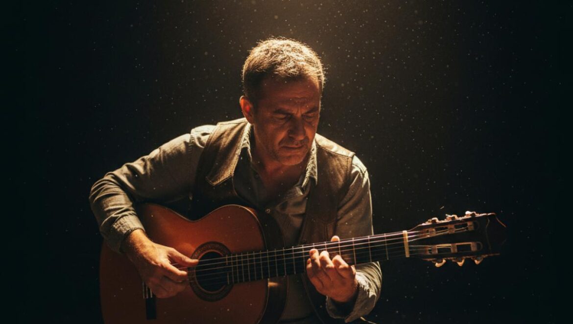 Guitarrista flamenco tocando con pasión en un escenario iluminado por un foco dramático.