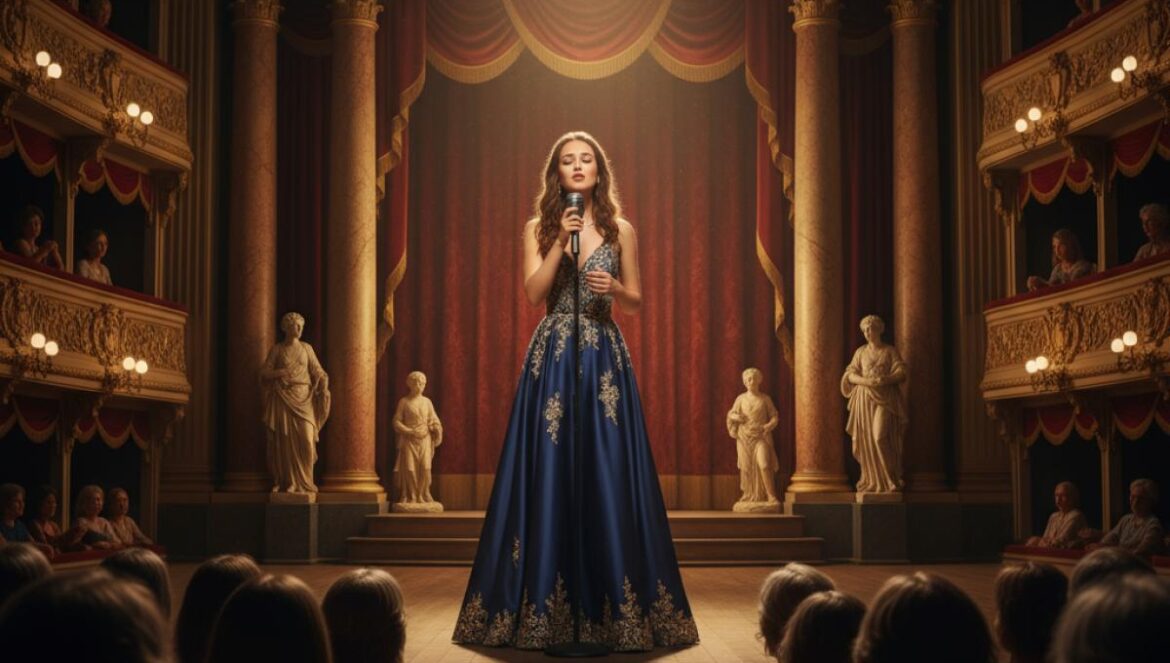 Chanteuse sur scène dans un théâtre andalou ancien, éclairée par un projecteur devant un public attentif.