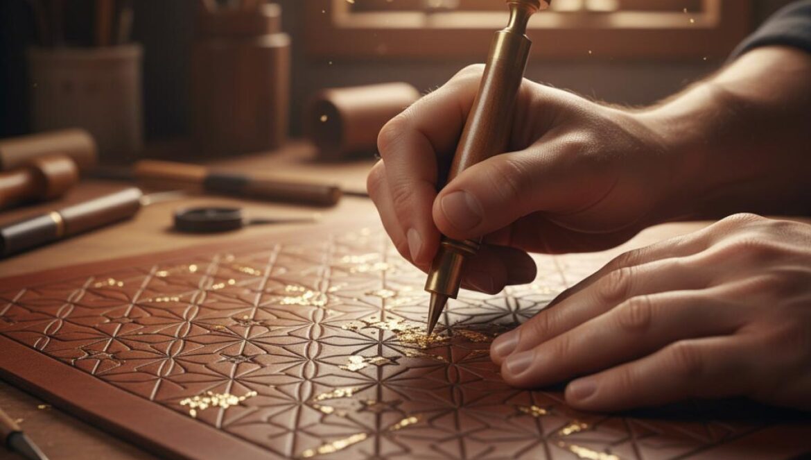 Manos de artesano trabajando minuciosamente sobre cuero policromado con detalles dorados estilo guadamecí en un taller iluminado.