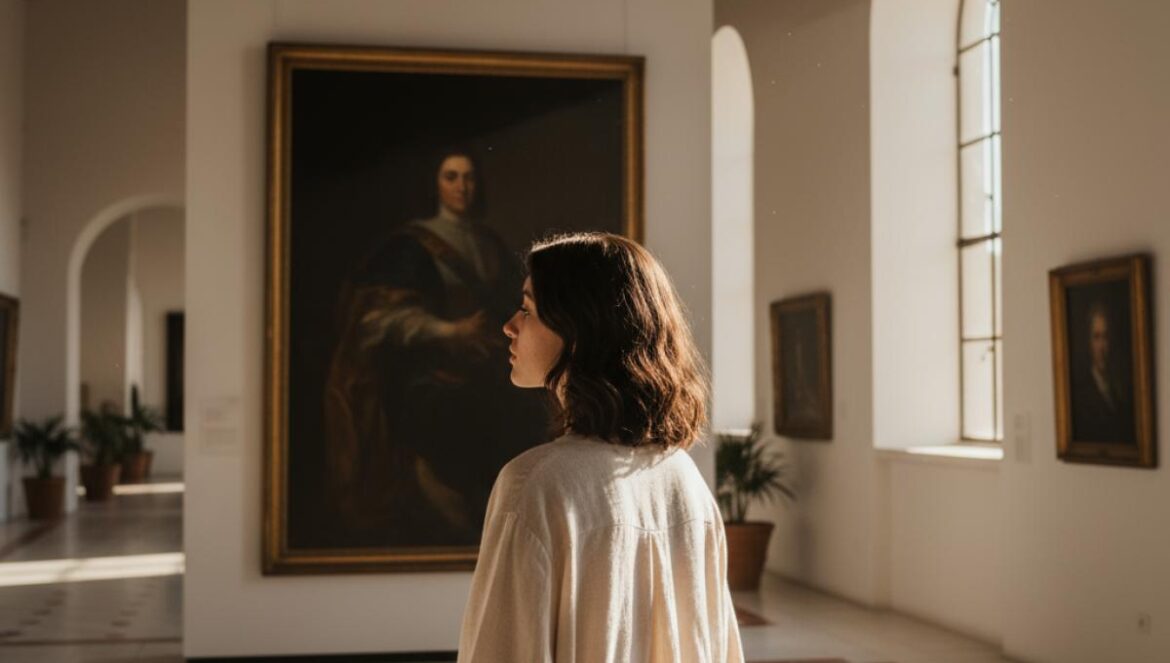 Jeune visiteuse contemplant un grand portrait dans une salle de musée lumineuse, murs blanchis et sol carrelé.